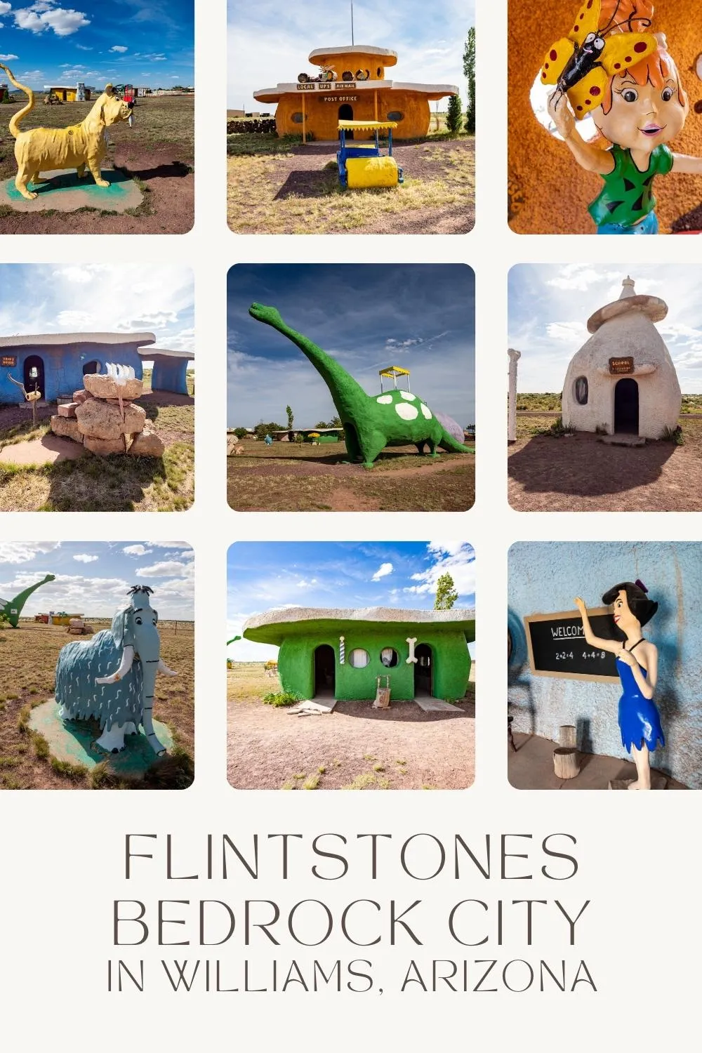 Flintstones, meet the Flintstones — at Flintstones Bedrock City in Williams, Arizona. Have a yabba-dabba-doo time at this fun roadside attraction! Located between Route 66 and the Grand Canyon Flintstones Bedrock City is a nostalgic roadside attraction and the perfect Arizona road trip stop to add to your travel itinerary. Celebrate the famous cartoon at this theme park. #RoadTrip #ArizonaroadTrip #Route66 #RoadsideAmerica #RoadsideAttraction #RoadsideAttractions #RoadTripStops #Arizona