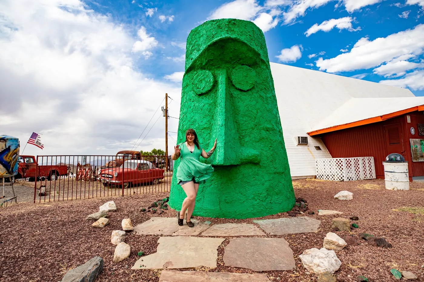 Giganticus Headicus in Kingman, Arizona: Big Green Head on Route 66 Roadside Attraction at Antares Point Visitor Center & Gift Shop 