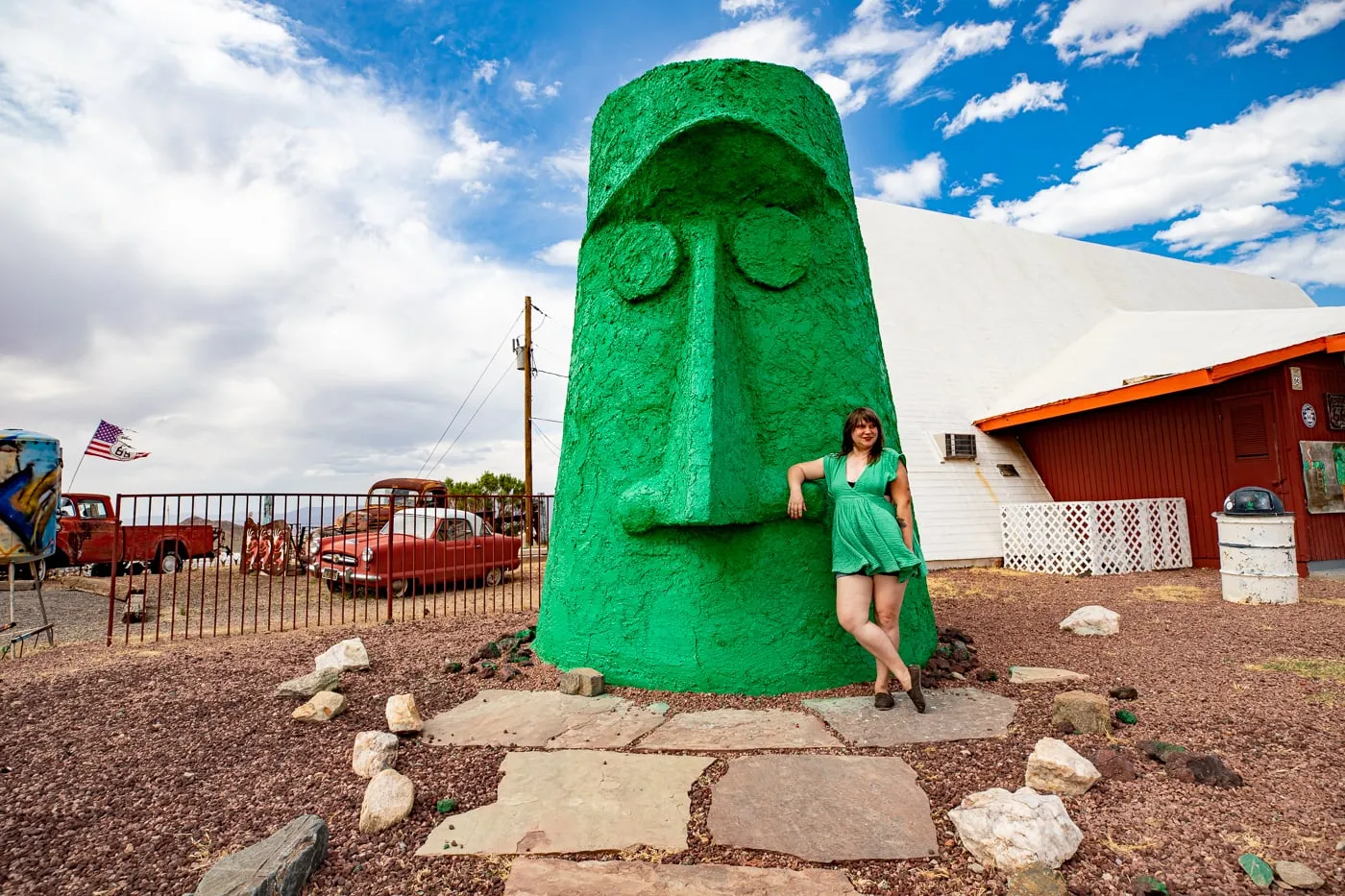 Giganticus Headicus in Kingman, Arizona: Big Green Head on Route 66 Roadside Attraction at Antares Point Visitor Center & Gift Shop