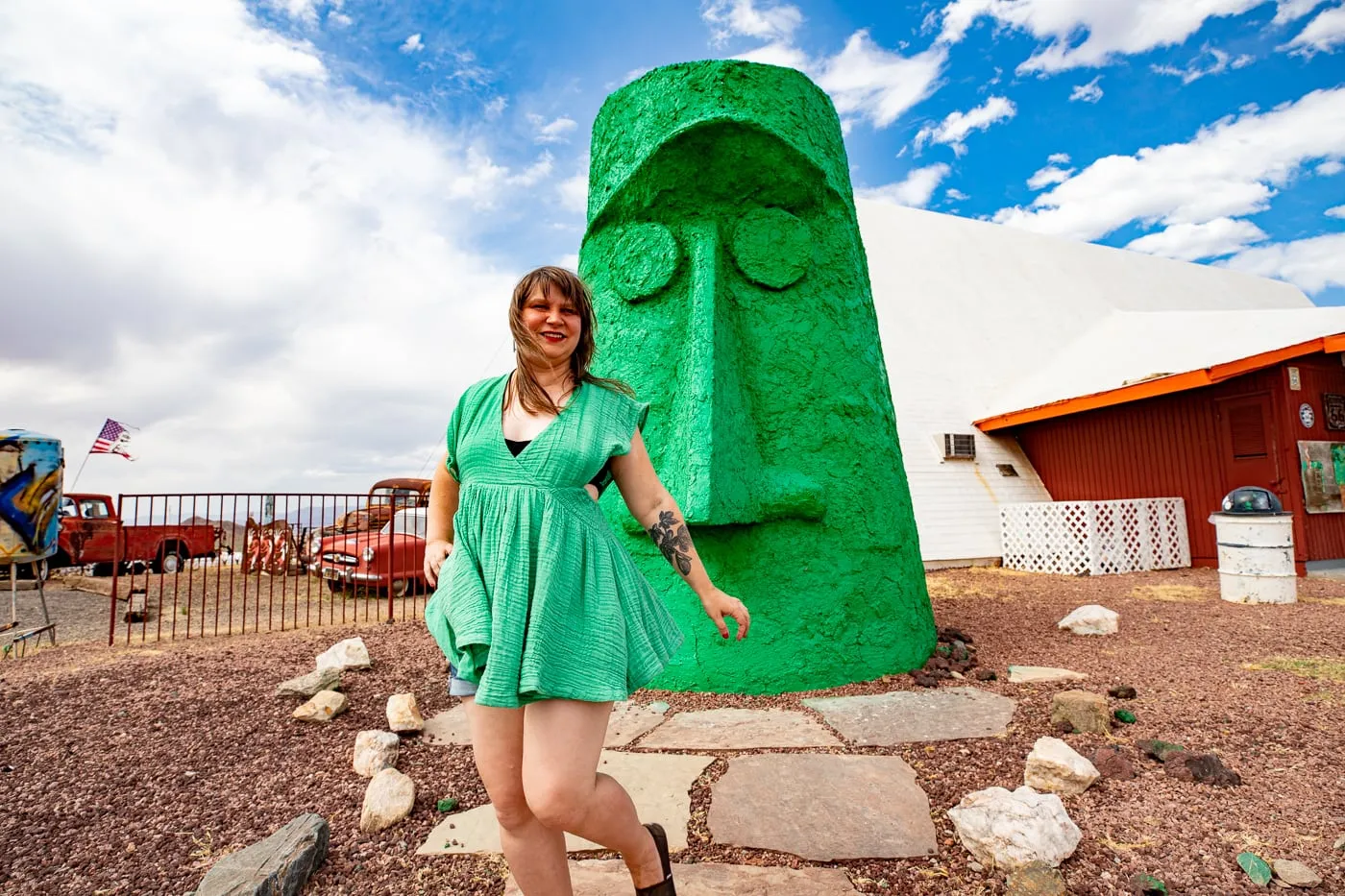 Giganticus Headicus in Kingman, Arizona: Big Green Head on Route 66 Roadside Attraction at Antares Point Visitor Center & Gift Shop 