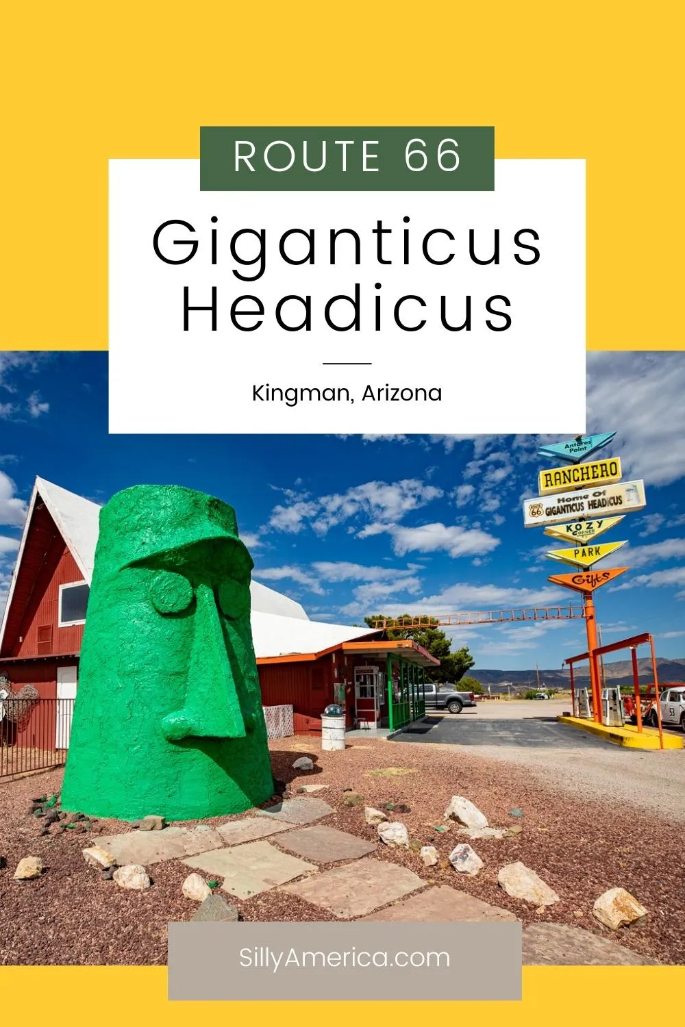 Even the best road trips can come to a head. And this one is a big one! Meet Giganticus Headicus in Kingman, Arizona: the big green head on Route 66! Visit this weird roadside attraction on a Route 66 road trip through Arizona! It's a fun stop to add to your road trip travel itinerary. #RoadTrip #RoadTrips #Arizona #ArizonaRoadTrip #RoadsideAttraction #RoadsideAttractions #RoadsideAmerica #route66 #Route66RoadTrip