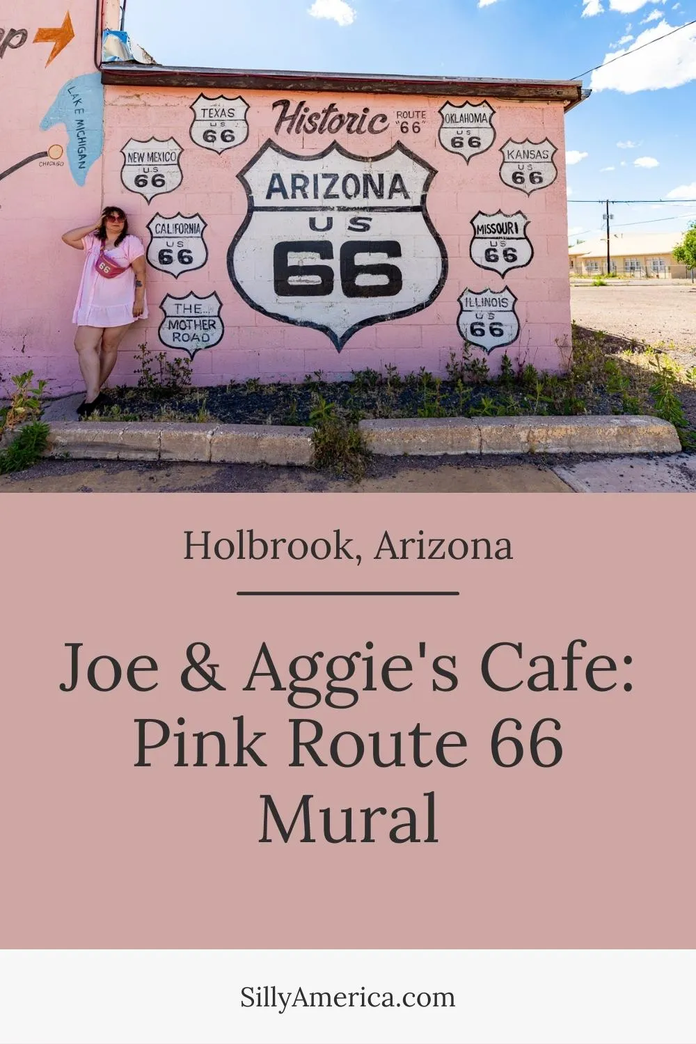 Joe & Aggie's Cafe was once a must-stop for breakfast, lunch, or dinner on Route 66. The restaurant opened in 1943 and served American and Mexican staples in an iconic pink building. It is even said to be one of the inspirations for the Pixar movie Cars. The restaurant closed but the legacy lives on with an intact facade including the cute pink Route 66 mural on the east side of the building. Stop for fun Instagram pictures with this Arizona Route 66 roadside attraction. #Route66 #ArizonaRoute66