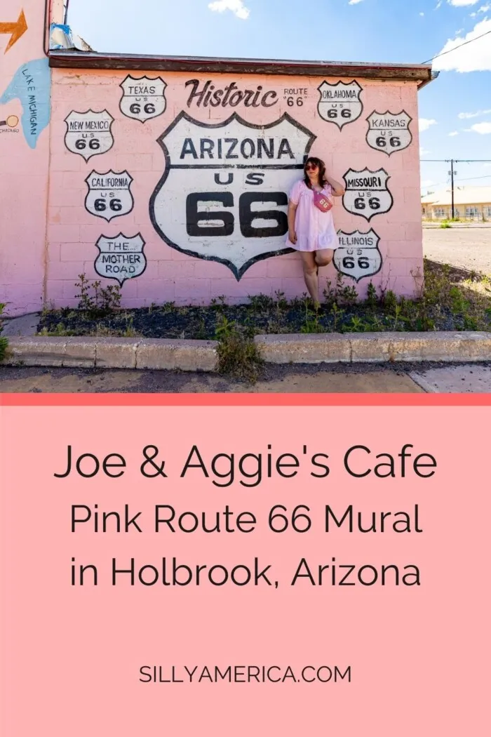 Joe & Aggie's Cafe was once a must-stop for breakfast, lunch, or dinner on Route 66. The restaurant opened in 1943 and served American and Mexican staples in an iconic pink building. It is even said to be one of the inspirations for the Pixar movie Cars. The restaurant closed but the legacy lives on with an intact facade including the cute pink Route 66 mural on the east side of the building. Stop for fun Instagram pictures with this Arizona Route 66 roadside attraction. #Route66 #ArizonaRoute66