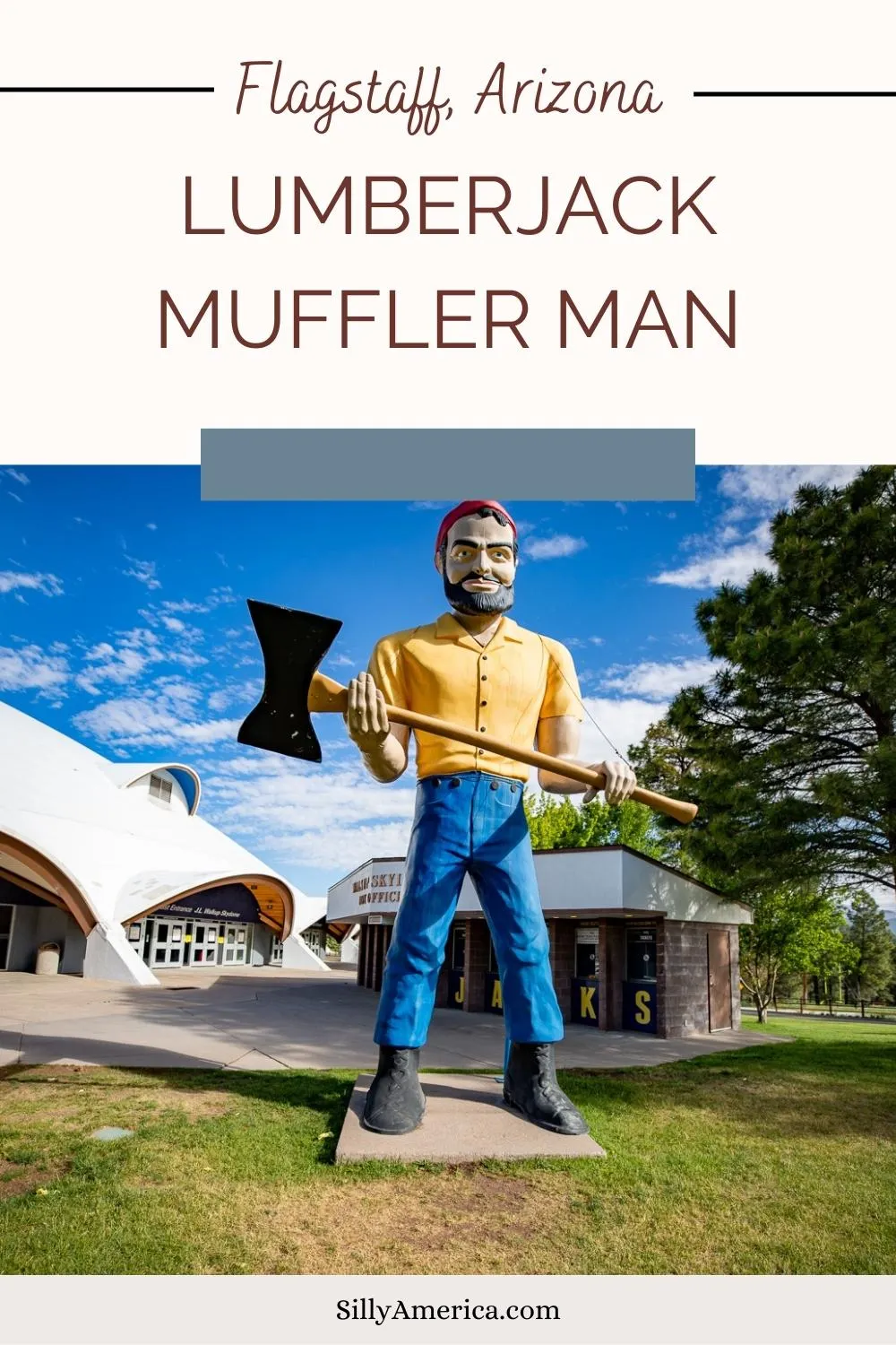 While thousands of fans visit the J. Lawrence Walkup Skydome each year to cheer on the Northern Arizona Lumberjacks, I was there to see just one Lumberjack in particular. Louie the Lumberjack, the Skydome Lumberjack Muffler Man and historic Route 66 icon in Flagstaff, Arizona. It is thought to be the very first muffler man roadside attraction in America! Visit this famous roadside attraction on a Route 66 road trip to Arizona! #RoadTrip #ArizonaRoadTrip #MufflerMan #Route66 #Route66RoadTrip