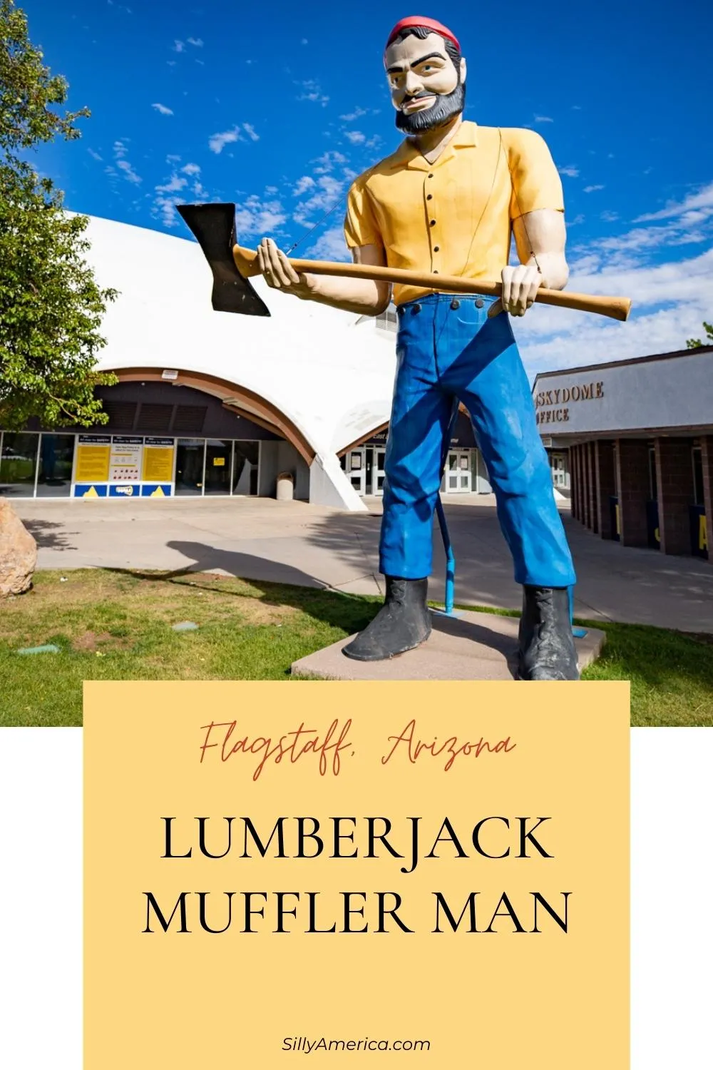 While thousands of fans visit the J. Lawrence Walkup Skydome each year to cheer on the Northern Arizona Lumberjacks, I was there to see just one Lumberjack in particular. Louie the Lumberjack, the Skydome Lumberjack Muffler Man and historic Route 66 icon in Flagstaff, Arizona. It is thought to be the very first muffler man roadside attraction in America! Visit this famous roadside attraction on a Route 66 road trip to Arizona! #RoadTrip #ArizonaRoadTrip #MufflerMan #Route66 #Route66RoadTrip