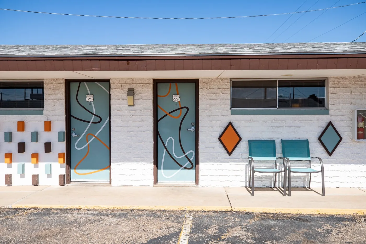 Motel doors with Googie boomerang design at Motel Safari in Tucumcari, New Mexico (Route 66 Motel)