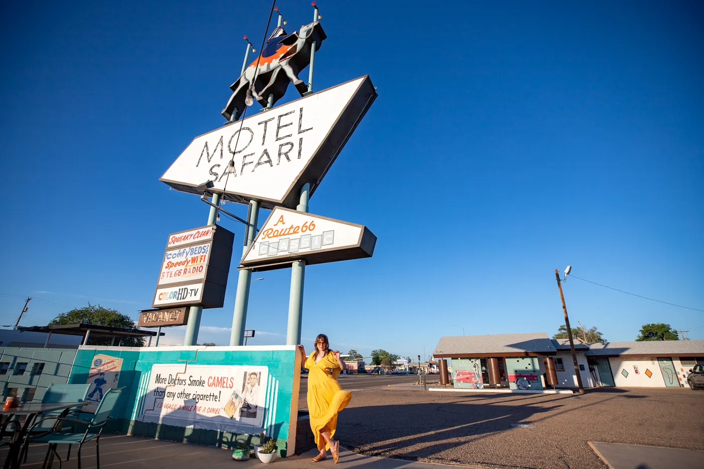 Retro Googie Motel Sign with a camel at Motel Safari in Tucumcari, New Mexico (Route 66 Motel)