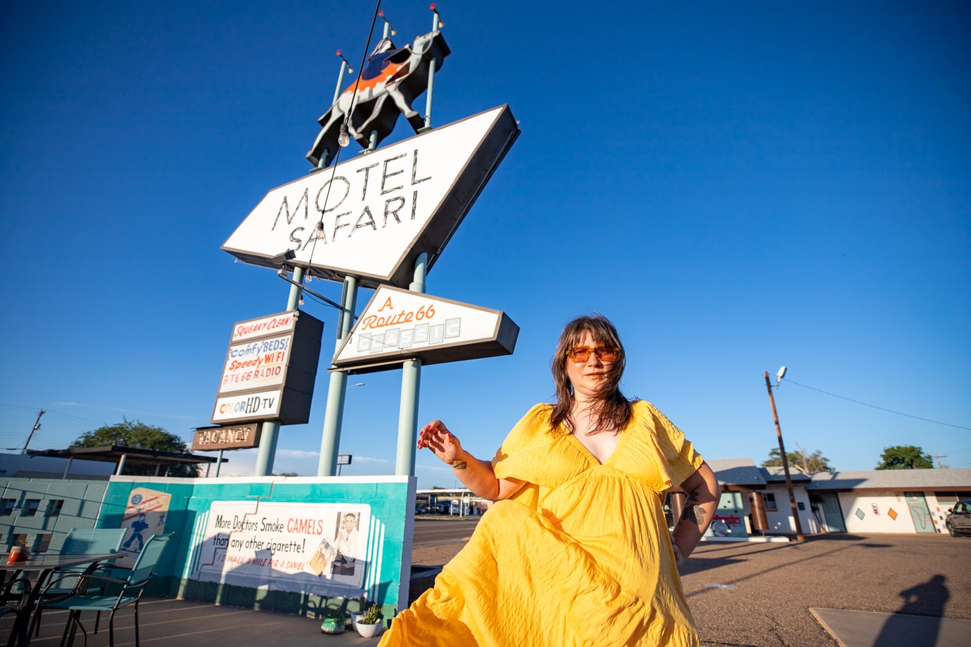 Retro Googie Motel SIgn with a camel at Motel Safari in Tucumcari, New Mexico (Route 66 Motel)