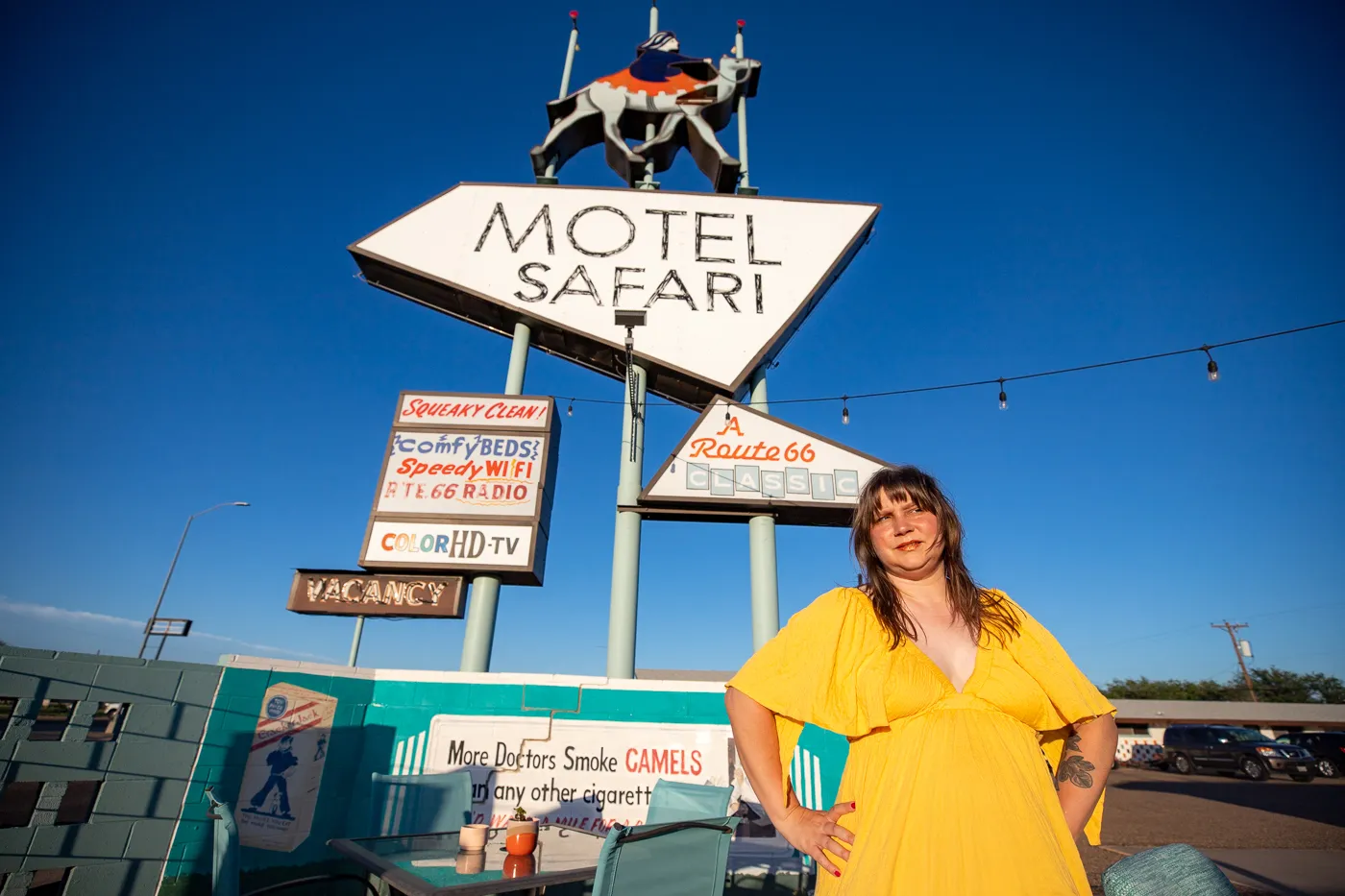 Retro Googie Motel Sign with a camel at Motel Safari in Tucumcari, New Mexico (Route 66 Motel)