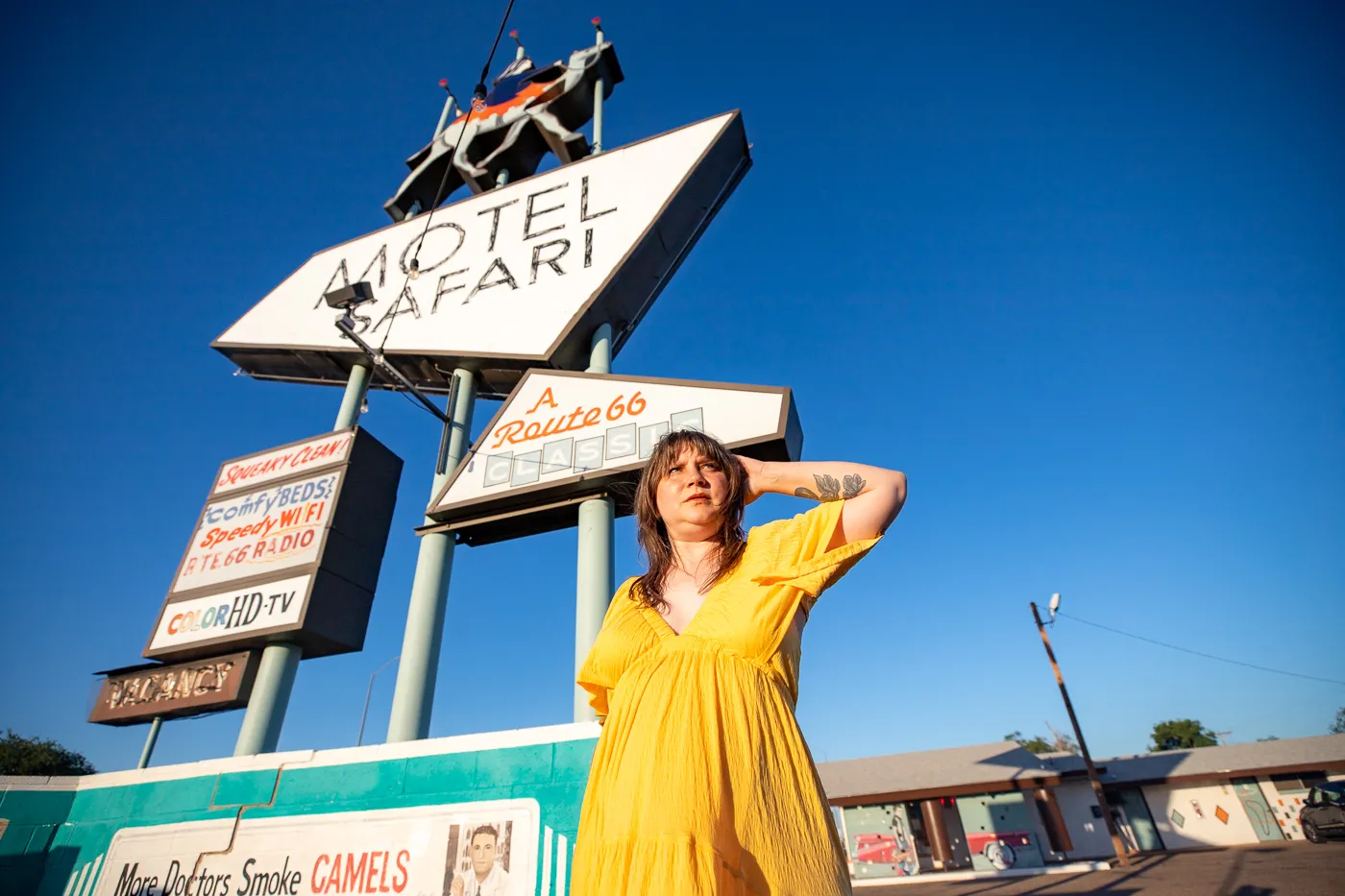 Retro Googie Motel Sign with a camel at Motel Safari in Tucumcari, New Mexico (Route 66 Motel)