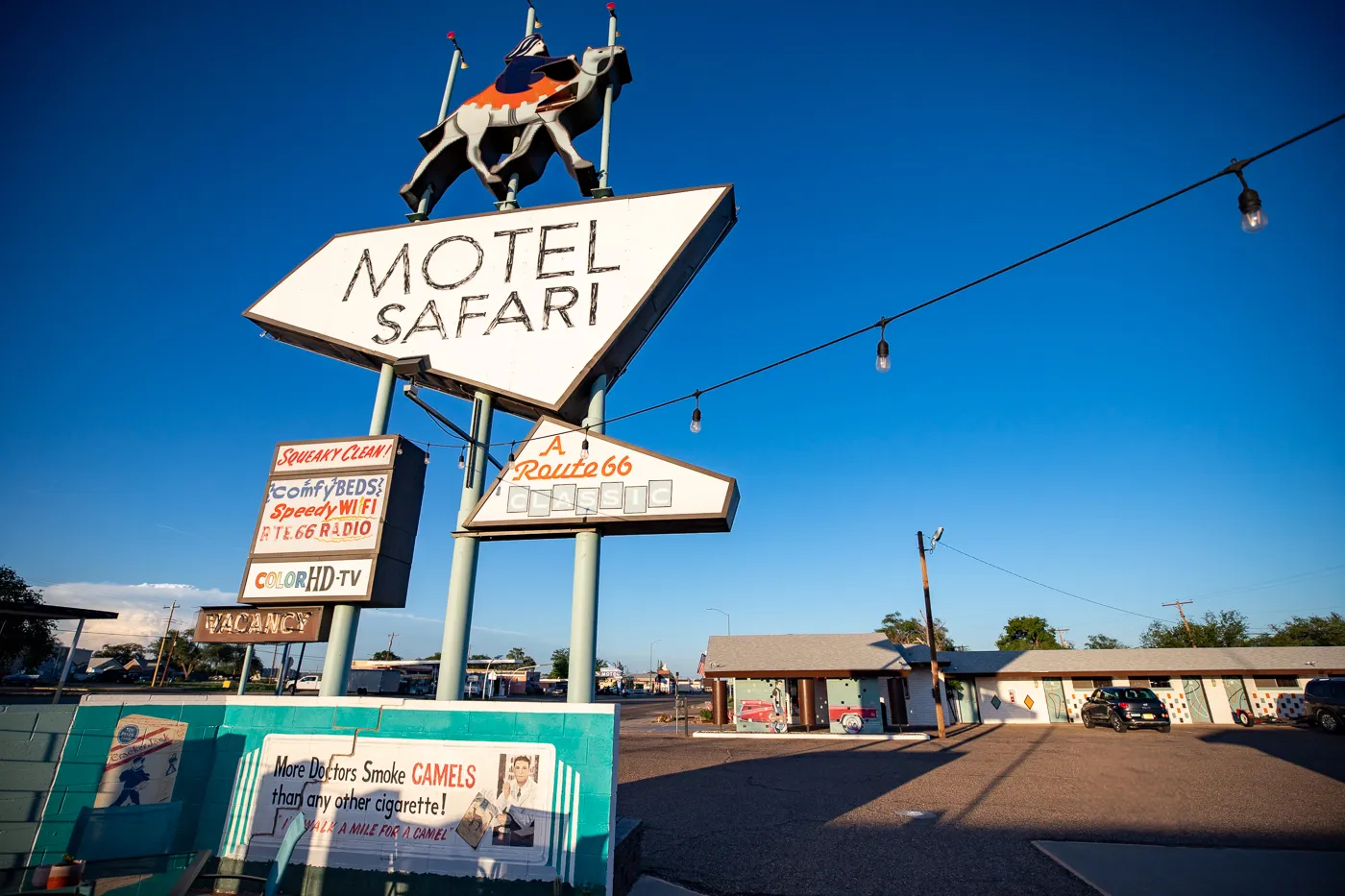 Retro Googie Motel Sign with a camel at Motel Safari in Tucumcari, New Mexico (Route 66 Motel)