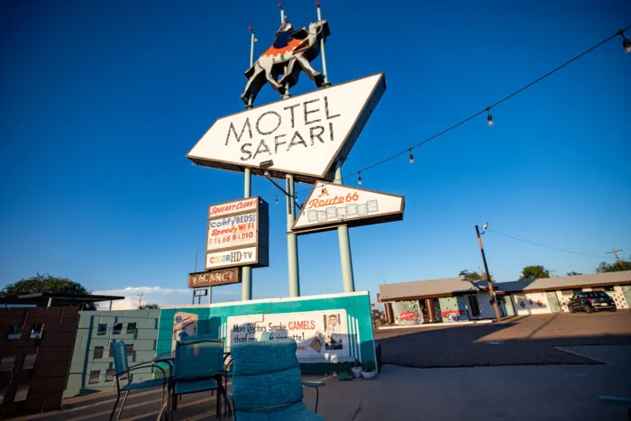 Retro Googie Motel SIgn with a camel at Motel Safari in Tucumcari, New Mexico (Route 66 Motel)
