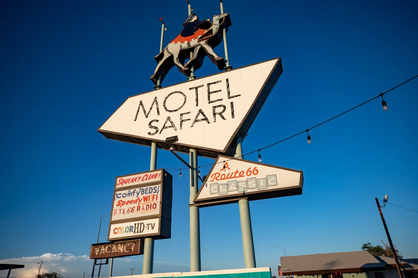 Retro Googie Motel Sign with a camel at Motel Safari in Tucumcari, New Mexico (Route 66 Motel)