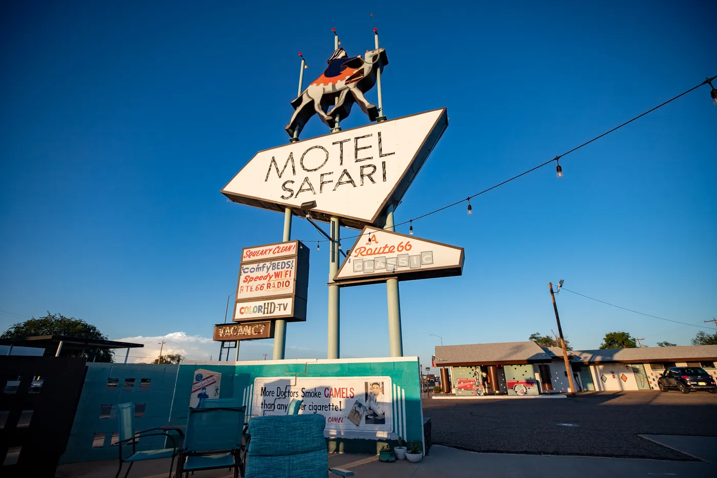 Retro Googie Motel Sign with a camel at Motel Safari in Tucumcari, New Mexico (Route 66 Motel)