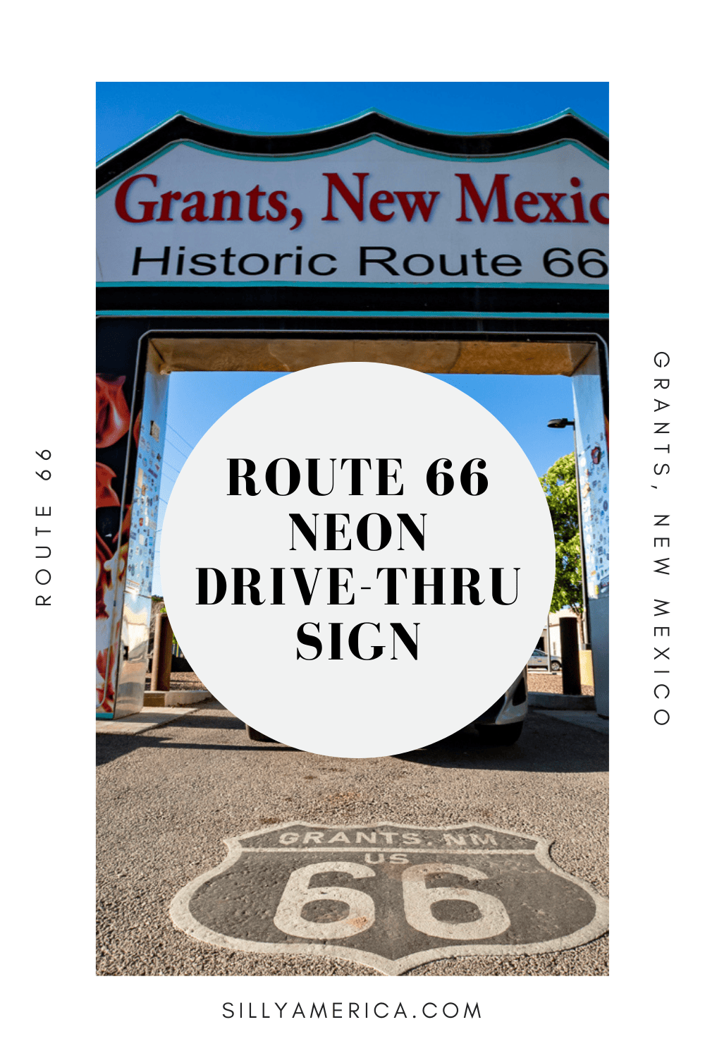 There are plenty of fun photo ops on Route 66: neon lights, oversized roadside attractions, vintage service stations, murals, and shield signs galore. They all make good excuses to hop out of the car and grab some Instagram-worthy photos of your road trip. But how often do you get to stay in your car for that picture-perfect photo op? This Route 66 attraction was made for both you and your car to enjoy: the Route 66 Neon Drive-Thru Sign in Grants, New Mexico. #RoadTrip #Route66 #NewMexico
