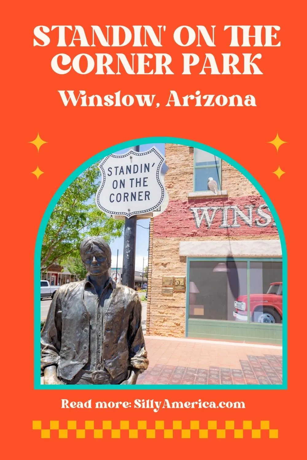 If you find yourself standing on a corner in Winslow, Arizona you can’t miss this Route 66 roadside attraction. Take it easy and visit Standin' on The Corner Park. It’s such a fine sight to see. Visit this fun Route 66 roadside attraction on your Arizona road trip - add it to your travel itinerary and bucket list! The park commemorates the song “Take it Easy,” a hit song that was made popular by the Eagles in 1972. #Route66 #Arizona #RoadTrip #Route66RoadTrip #ArizonaRoadTrip