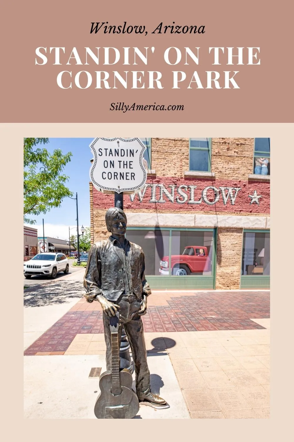 If you find yourself standing on a corner in Winslow, Arizona you can’t miss this Route 66 roadside attraction. Take it easy and visit Standin' on The Corner Park. It’s such a fine sight to see. Visit this fun Route 66 roadside attraction on your Arizona road trip - add it to your travel itinerary and bucket list! The park commemorates the song “Take it Easy,” a hit song that was made popular by the Eagles in 1972. #Route66 #Arizona #RoadTrip #Route66RoadTrip #ArizonaRoadTrip
