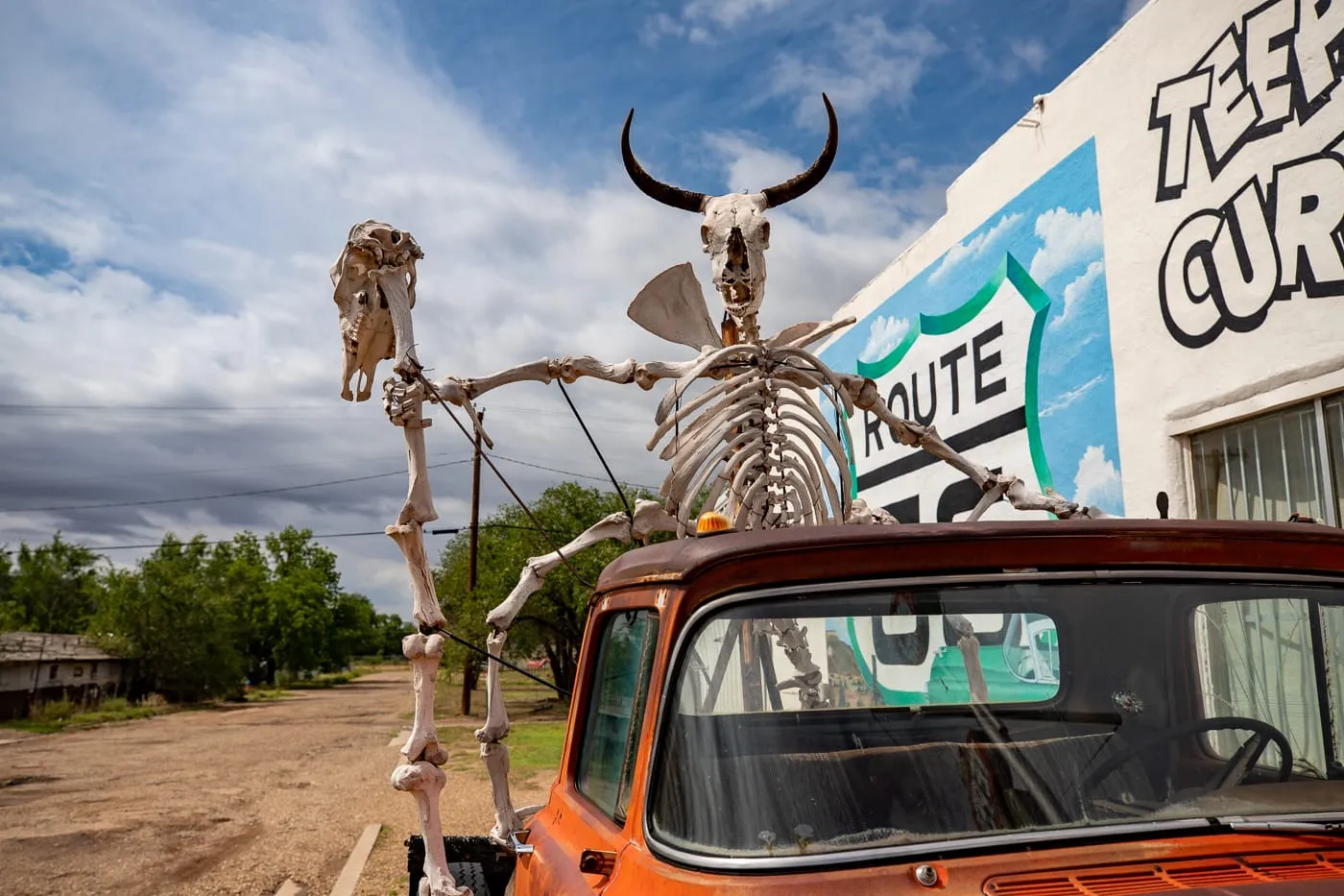 Skeleton riding a car at Tee Pee Curios in Tucumcari, New Mexico - Route 66 Roadside Attraction