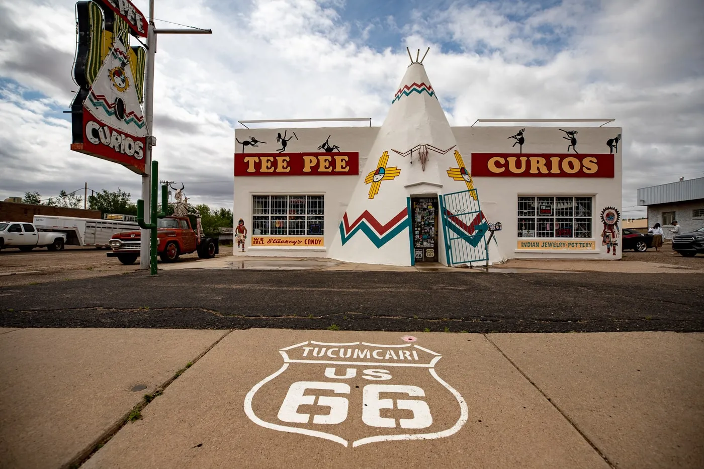 Route 66 shield on the sidewalk at Tee Pee Curios in Tucumcari, New Mexico - Route 66 Roadside Attraction