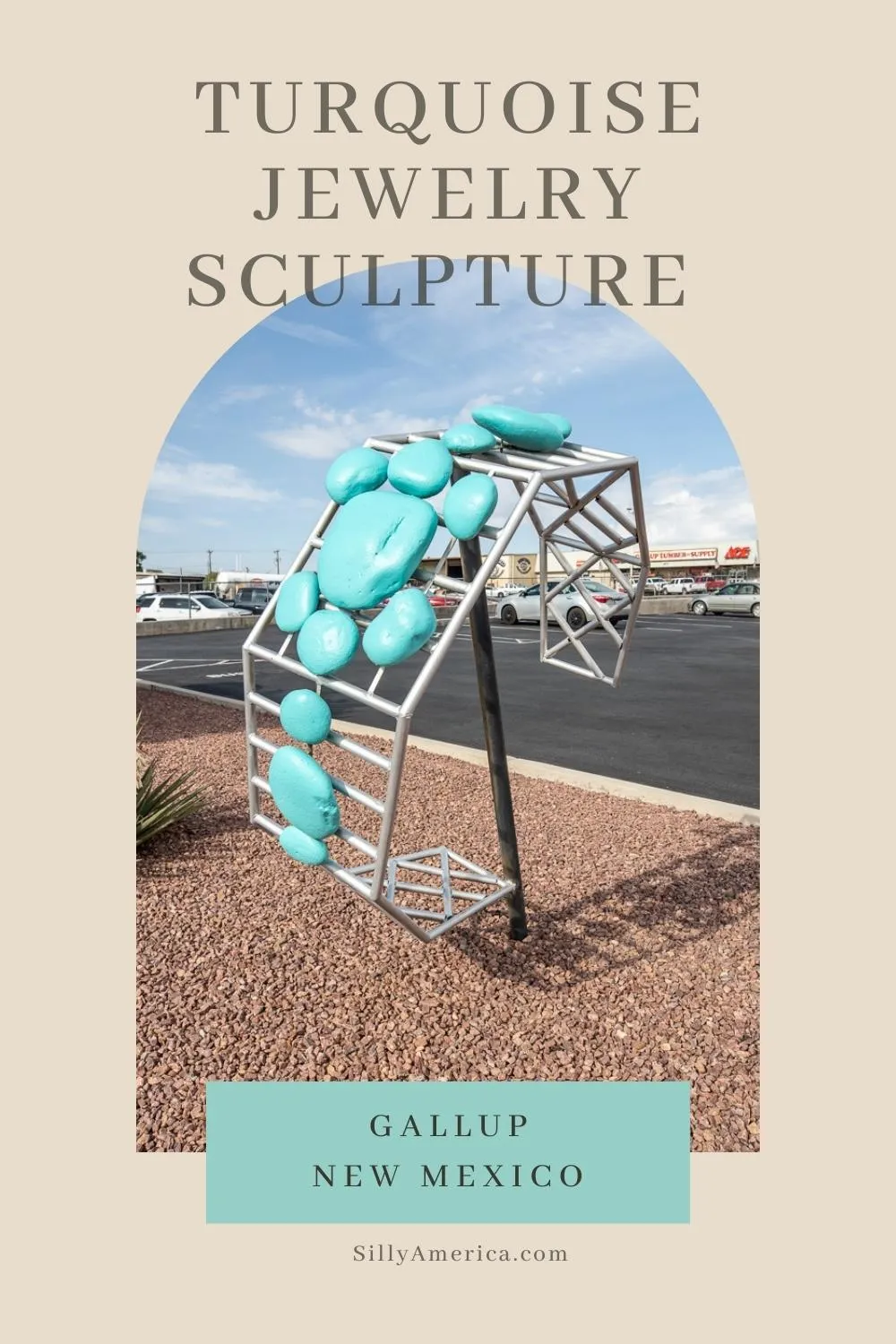 Find this Giant Turquoise Jewelry Sculpture at Perry Null Trading Company in Gallup, New Mexico. The giant turquoise bracelet is found in front of Perry Null Trading Company, a shop in Gallup, New Mexico that sells Native American jewelry, arts, and crafts. They specialize in silver and turquoise jewelry, pottery, carvings, and rugs. Visit on a Route 66 road trip through New Mexico and add this fun roadside attraction to your travel itinerary! #Route66 #RoadTrip #RoadsideAttraction #NewMexico