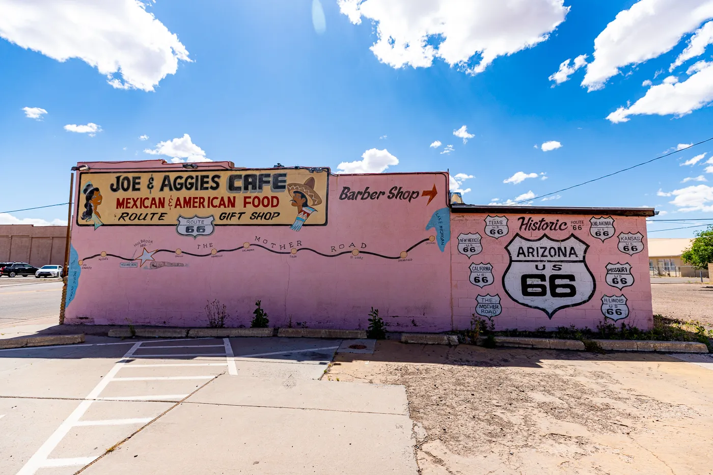 Joe & Aggie's Cafe: Pink Route 66 Mural in Holbrook, Arizona