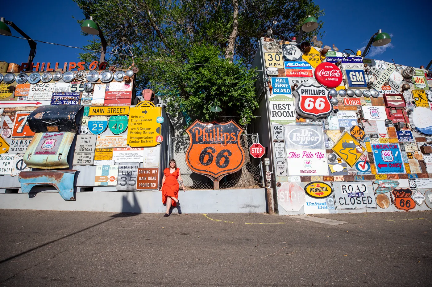 Wall of vintage road signs at 66 Diner in Albuquerque, New Mexico Route 66 roadside attraction
