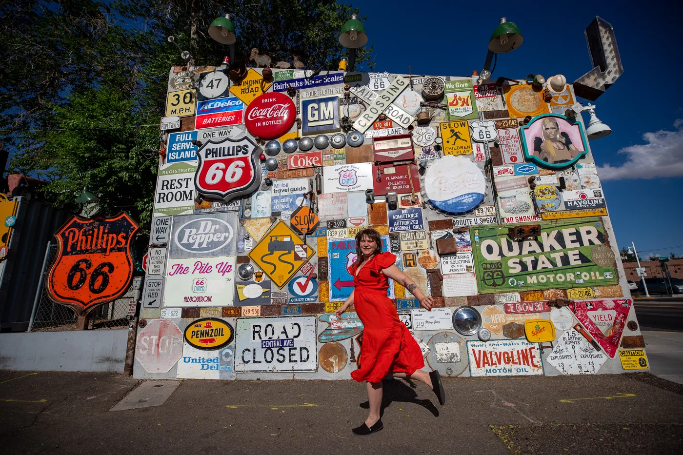 Wall of vintage road signs at 66 Diner in Albuquerque, New Mexico Route 66 roadside attraction
