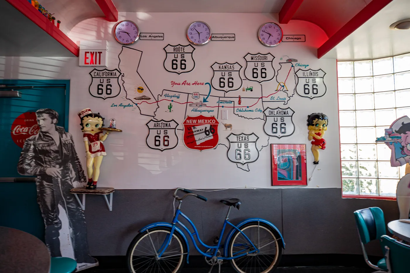 Route 66 Map on the wall inside 66 Diner in Albuquerque, New Mexico Route 66 restaurant and roadside attraction