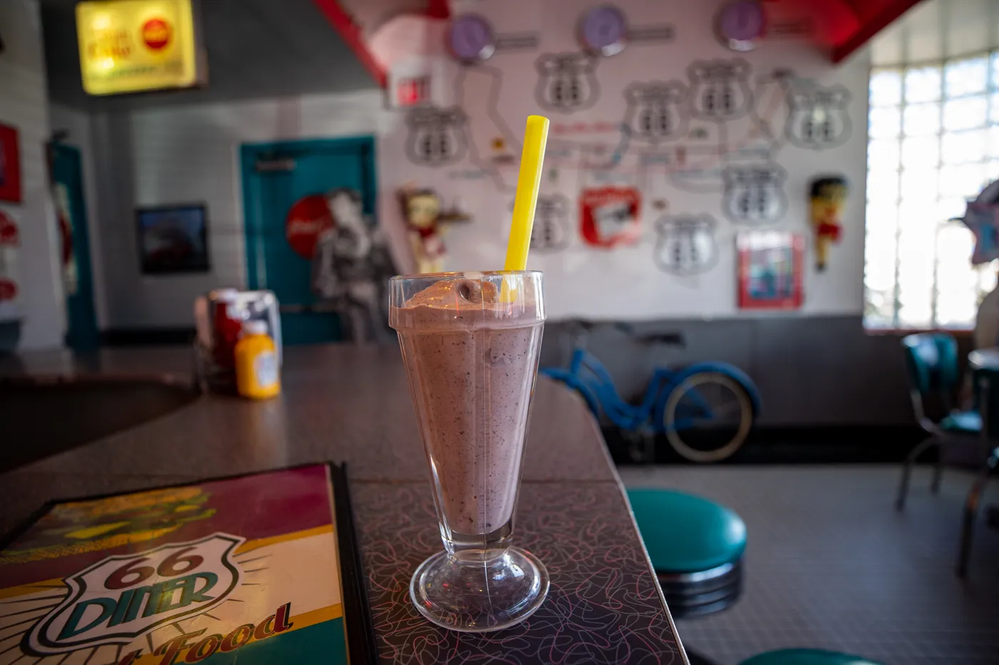 Pink Cadillac milkshake - strawberry milkshake with Oreos at 66 Diner in Albuquerque, New Mexico Route 66 restaurant and roadside attraction