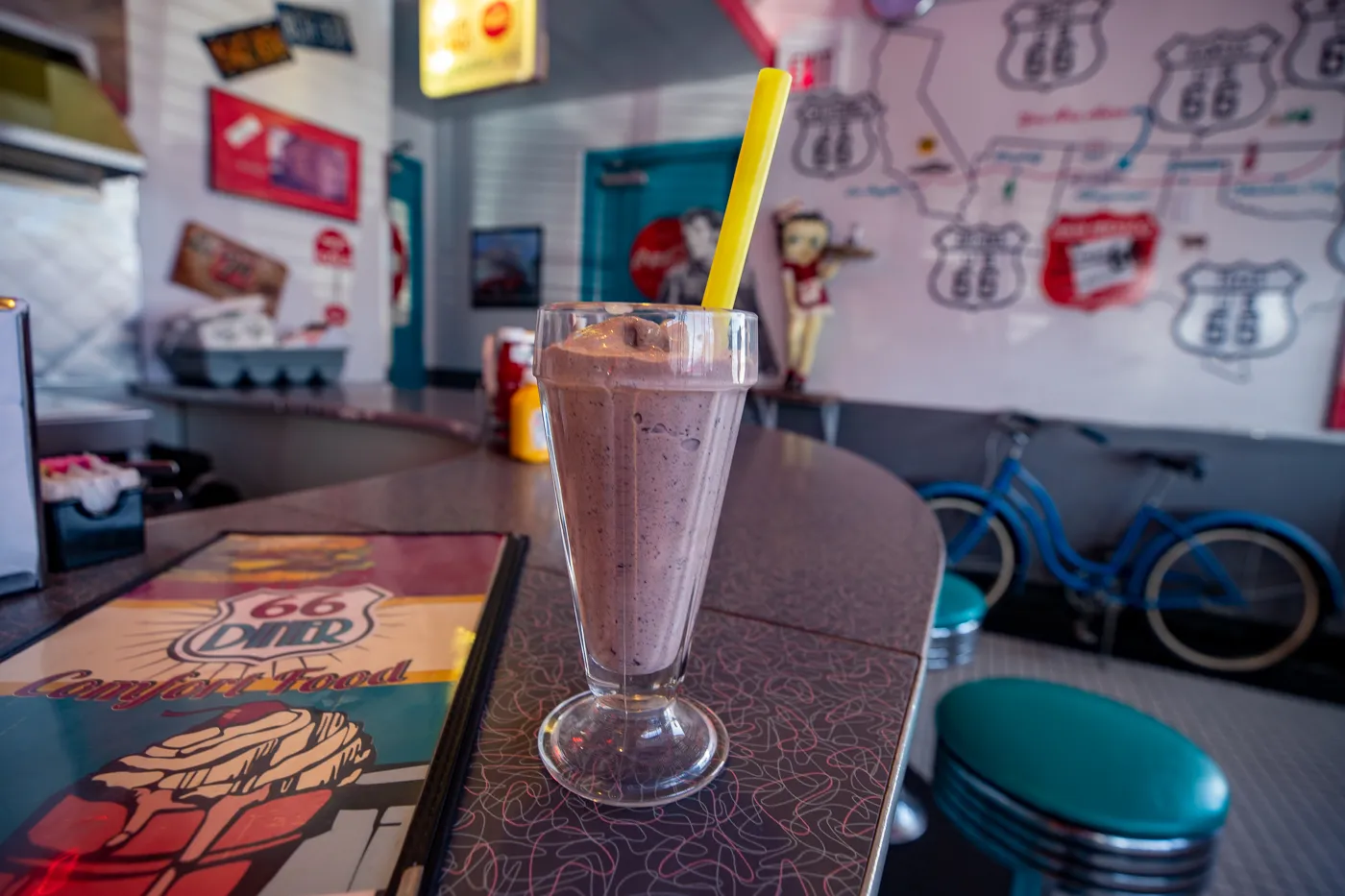 Pink Cadillac milkshake - strawberry milkshake with Oreos at 66 Diner in Albuquerque, New Mexico Route 66 restaurant and roadside attraction