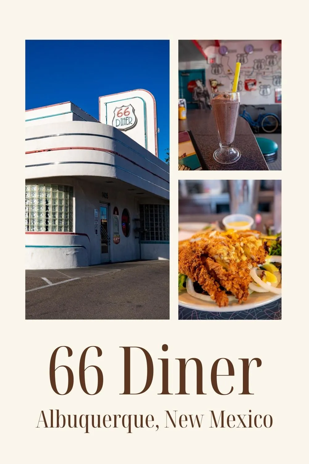 Craving that classic diner experience while road tripping Route 66? This Albuquerque restaurant has it all: vintage design, neon lights, memorabilia, photos ops, an exemplary menu, and some of the best milkshakes on The Mother Road. Pull over for for lunch or dinner and step into the 1950s at 66 Diner in Albuquerque, New Mexico. Visit this classic diner on your ROute 66 road trip through New Mexico. It is a must for your travel itinerary! #Route66 #Route66RoadTrip #NewMexico #NewMexicoRoadTrip