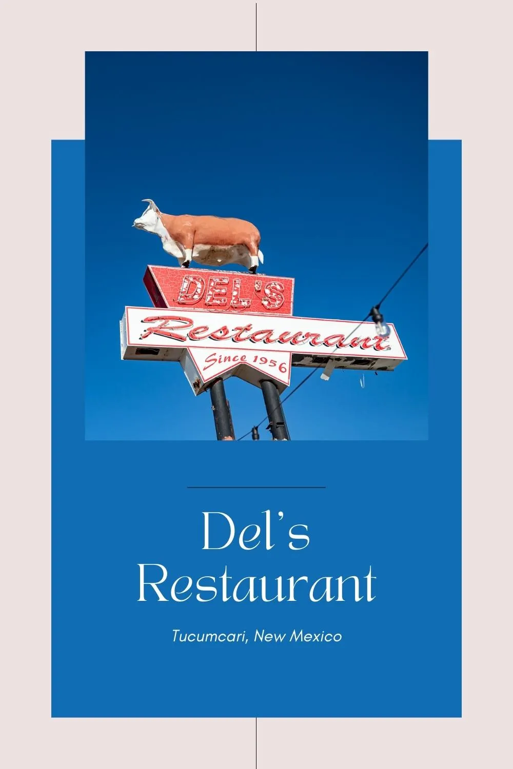 If you're planning on staying in "Tucumcari Tonite" on your Route 66 road trip, you're going to need to eat. And I know just the place to have a satisfying lunch or dinner with a nostalgic twist. Del's Restaurant in Tucumcari, New Mexico has something for everyone. Just look for the iconic neon sign topped with a cow! Visit this fun Route 66 roadside attraction on your New Mexico road trip. #Route66 #Route66RoadTrip #RoadTrip #NewMexico #NewMexicoRoadTrip #RoadsideAttraction