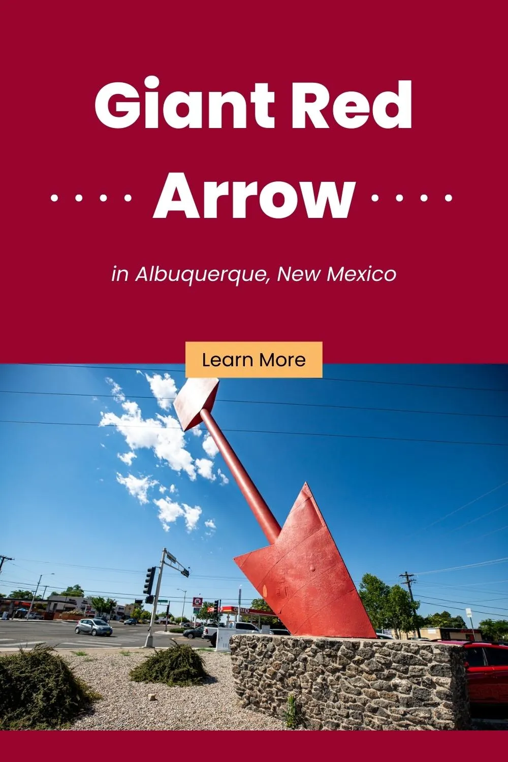 Let me get to the point: the Giant Red Arrow in Albuquerque, New Mexico is a must-stop roadside attraction on your Route 66 road trip. It's been enticing travelers from the road since the 1960s. Visit this weird roadside attraction on a New Mexico road trip - add it to your travel itinerary and bucket list. #RoadTrip #NewMexico #NewMexicoRoadTrip #NewMexicoRoadsideAttraction #RoadsideAttractions #Route66RoadsideAttraction #Route66RoadTrip #Route66