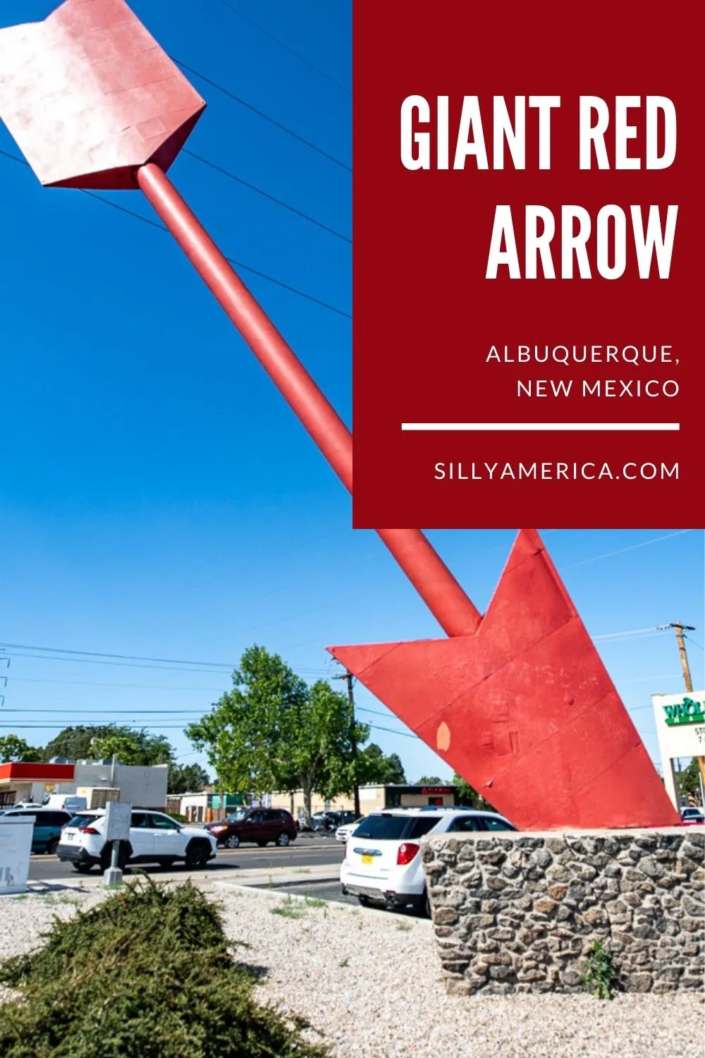 Let me get to the point: the Giant Red Arrow in Albuquerque, New Mexico is a must-stop roadside attraction on your Route 66 road trip. It's been enticing travelers from the road since the 1960s. Visit this weird roadside attraction on a New Mexico road trip - add it to your travel itinerary and bucket list. #RoadTrip #NewMexico #NewMexicoRoadTrip #NewMexicoRoadsideAttraction #RoadsideAttractions #Route66RoadsideAttraction #Route66RoadTrip #Route66