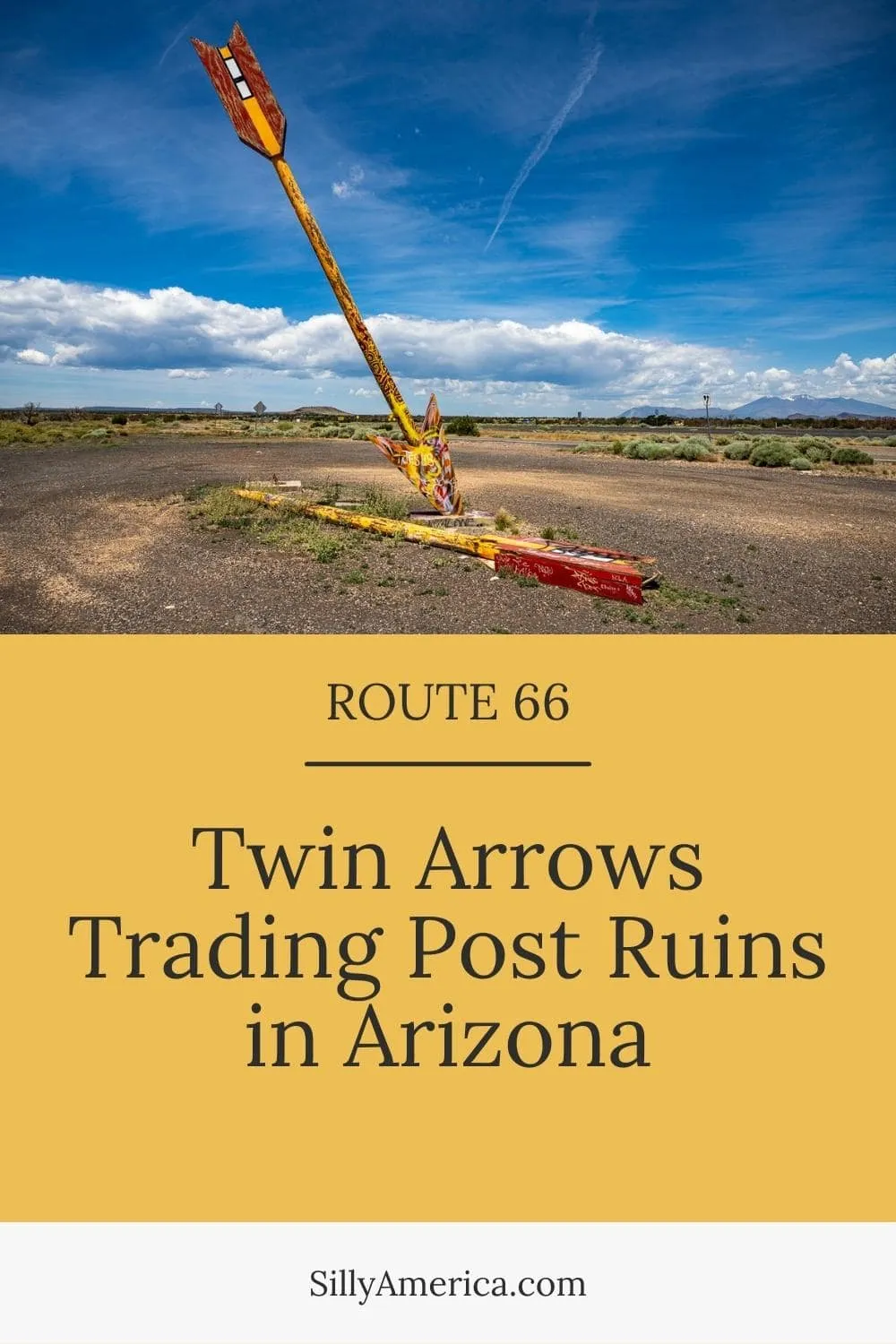 While there have been many efforts lately to restore and revive parts of historic Route 66, other parts have seen better days and have questionable futures ahead. One such attraction is the Twin Arrows Trading Post Ruins in Arizona. Which, nowadays, are more arrow than arrows. Visit this Route 66 roadside attraction on your Arizona road trip! Add it to your travel itinerary and bucket list! #Route66 #ArizonaRoute66 #Route66RoadTrip #Route66RoadsideAttraction #RoadTrip #RoadsideAttraction