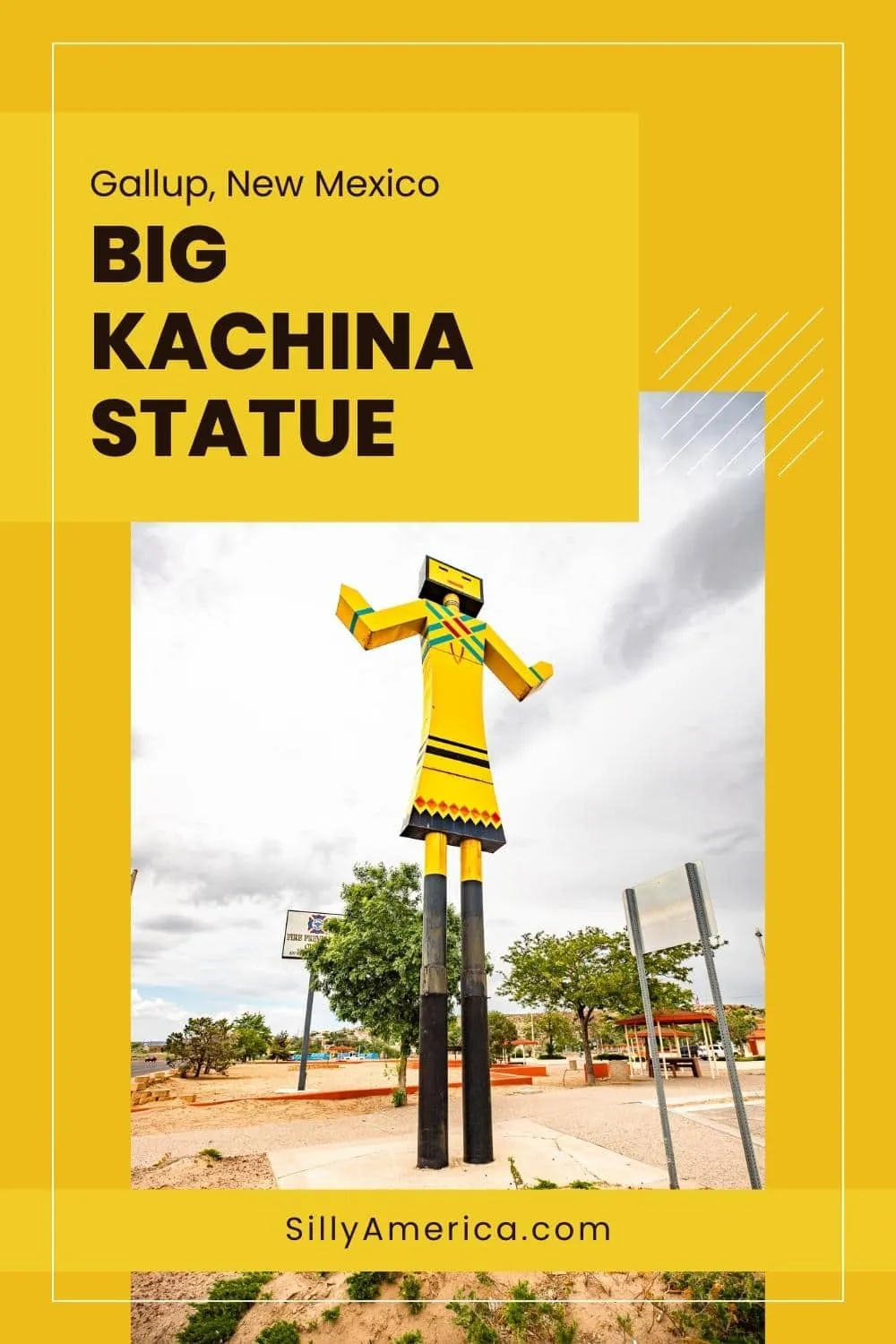 Greetings from Gallup, New Mexico, where you'll find this Big Kachina Statue welcoming you to town. Since the 1950s there's been at least one Big Kachina Statue in Gallup, New Mexico. Visit this roadside attraction on a Route 66 road trip through New Mexico. Add it to your travel itinerary! #Route66 #Route66Attraction #NewMexico #NewMexicoRoadTrip #RoadTrip #Route66Roadtrip #RoadsideAttraction #RoadsideAttractions
