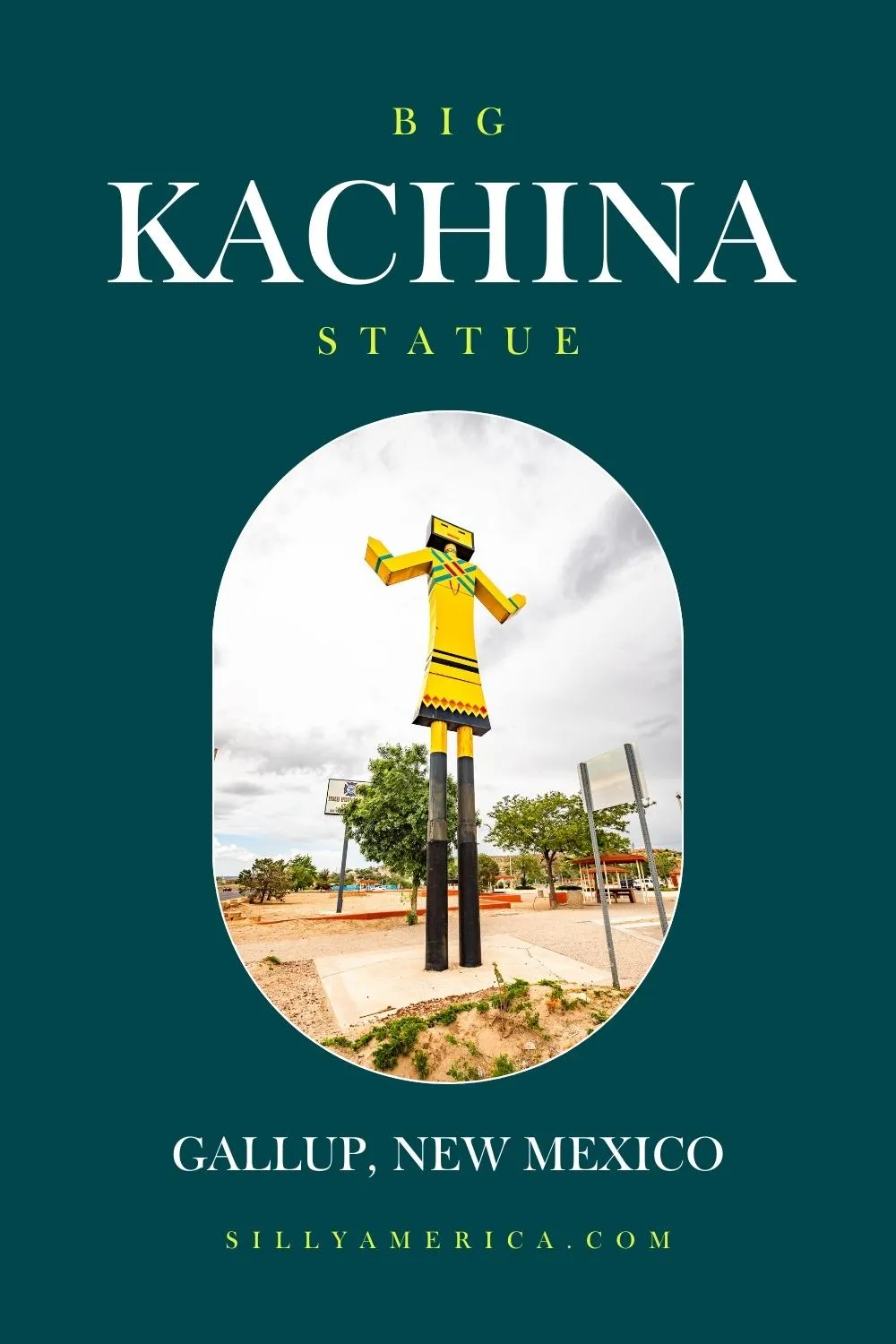 Greetings from Gallup, New Mexico, where you'll find this Big Kachina Statue welcoming you to town. Since the 1950s there's been at least one Big Kachina Statue in Gallup, New Mexico. Visit this roadside attraction on a Route 66 road trip through New Mexico. Add it to your travel itinerary! #Route66 #Route66Attraction #NewMexico #NewMexicoRoadTrip #RoadTrip #Route66Roadtrip #RoadsideAttraction #RoadsideAttractions