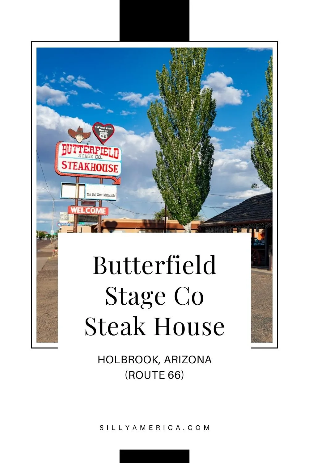 Hungry in Holbrook? Butterfield Stage Co Steak House in Holbrook, Arizona won't disappoint. Visit this western-themed steak house on a Route 66 road trip for a juicy steak dinner. Look for the stagecoach on the roof and neon sign for this Route 66 restaurant in Arizona. #Route66 #Route66RoadTrip #ArizonaRoute66 #HolbrookArizona
