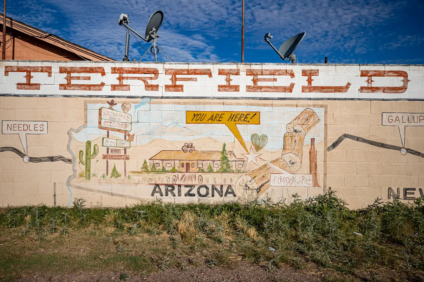 Route 66 Map Mural in Holbrook, Arizona - World's Longest Map of Route 66 in Arizona at Butterfield Stage Co Steak House