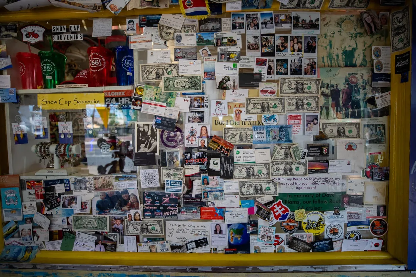 Walls covered with notes and money inside Delgadillo’s Snow Cap in Seligman, Arizona - Route 66 restaurant and Drive-In Diner