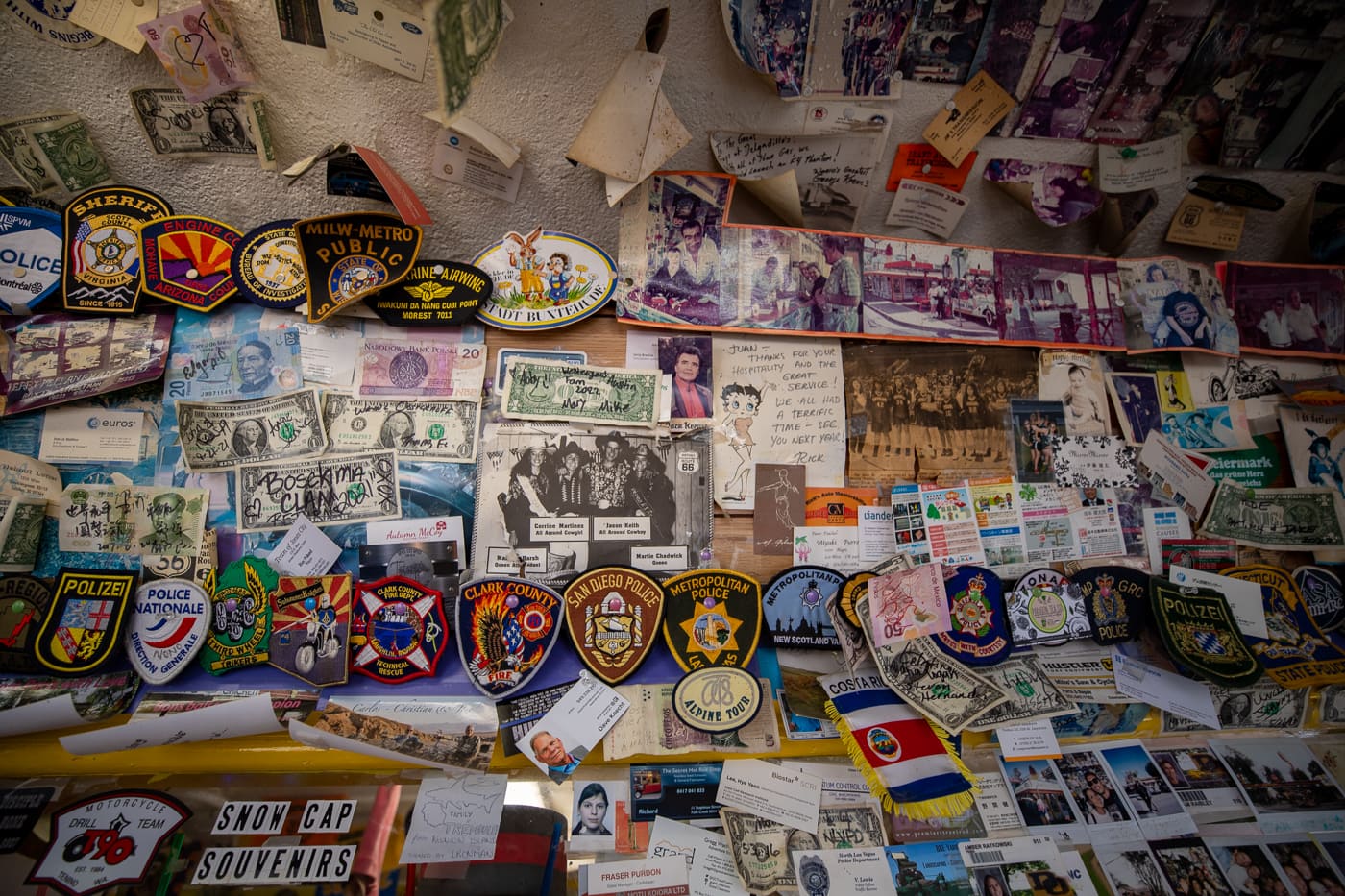 Walls covered with notes and money inside Delgadillo’s Snow Cap in Seligman, Arizona - Route 66 restaurant and Drive-In Diner