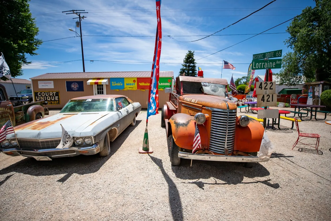 Vintage cars at Delgadillo’s Snow Cap in Seligman, Arizona - Route 66 restaurant and Drive-In Diner
