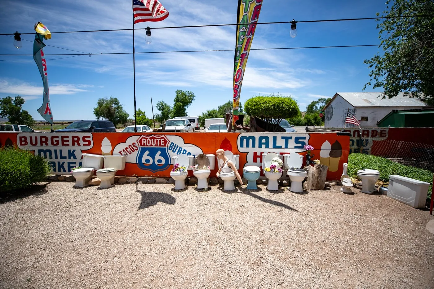 Toilet Planters at Delgadillo’s Snow Cap in Seligman, Arizona - Route 66 restaurant and Drive-In Diner