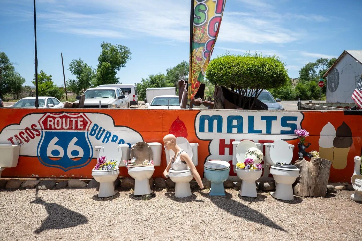 Toilet Planters at Delgadillo’s Snow Cap in Seligman, Arizona - Route 66 restaurant and Drive-In Diner