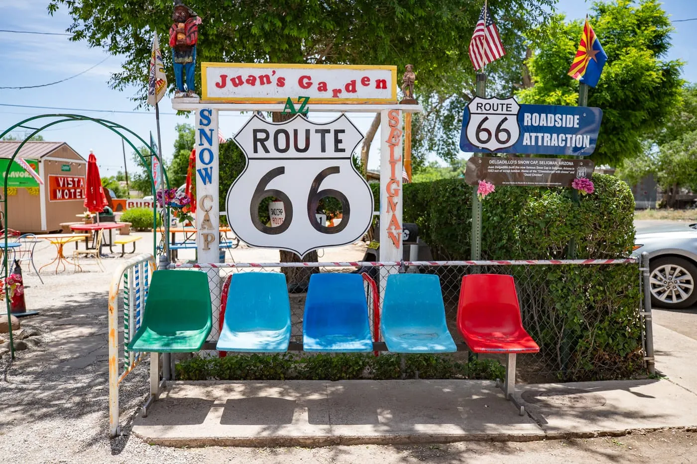 Juan's Garden and Route 66 Photo Op at Delgadillo’s Snow Cap in Seligman, Arizona - Route 66 restaurant and Drive-In Diner