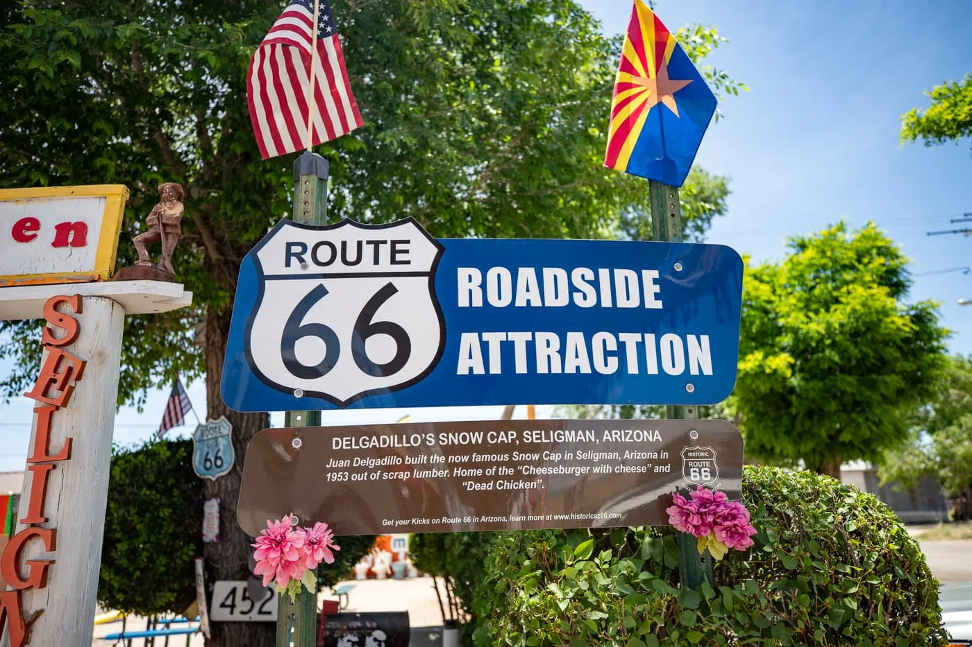 Route 66 Roadside Attraction Marker Sign at Delgadillo’s Snow Cap in Seligman, Arizona - Route 66 restaurant and Drive-In Diner