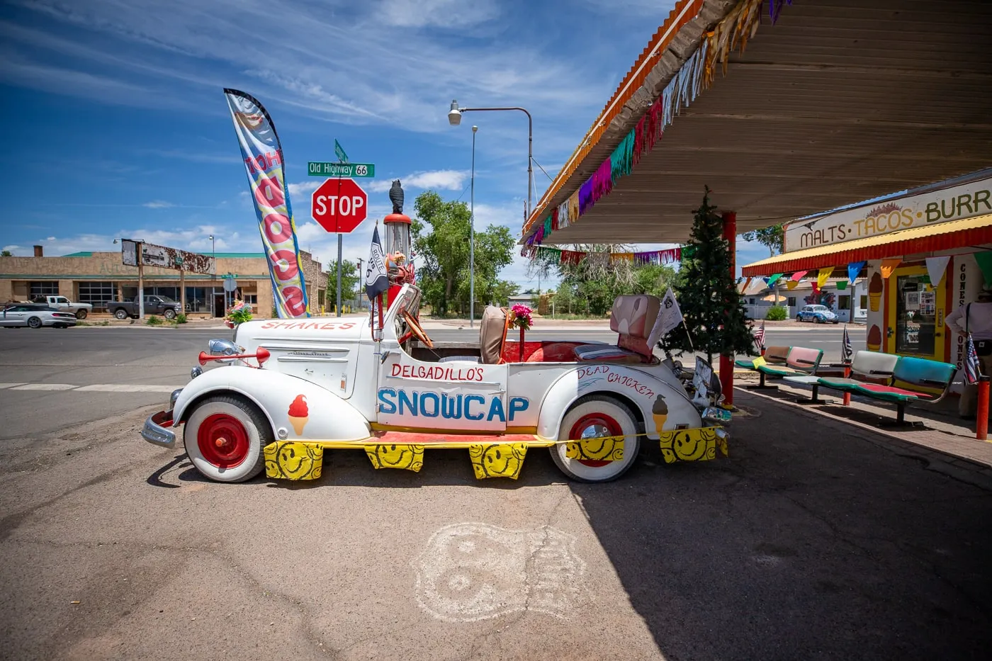 Old-Fashioned Car at Delgadillo’s Snow Cap in Seligman, Arizona - Route 66 restaurant and Drive-In Diner