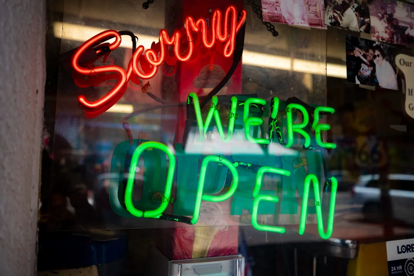 Sorry We're Open sign at Delgadillo’s Snow Cap in Seligman, Arizona - Route 66 restaurant and Drive-In Diner