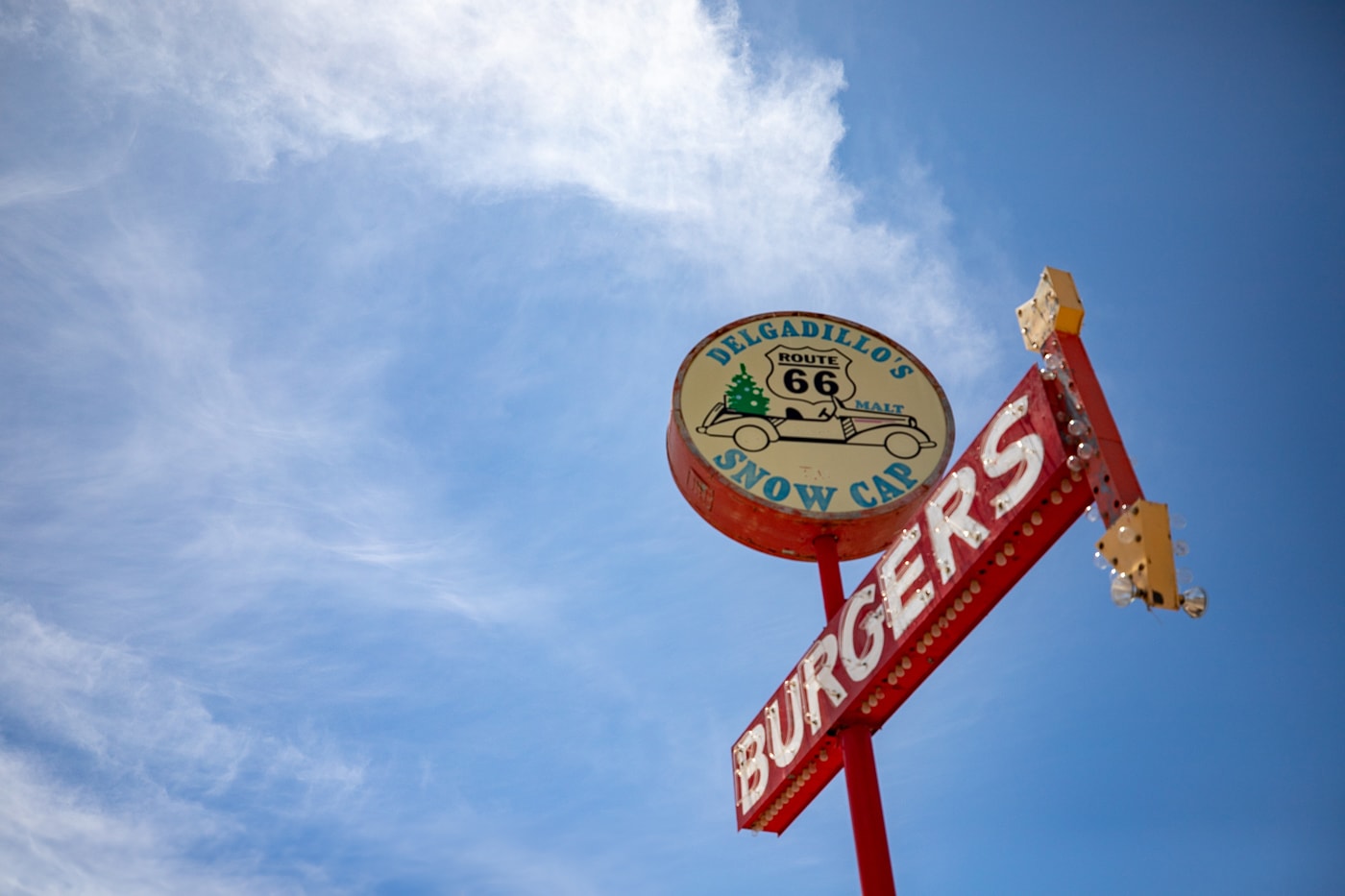 Neon Burgers sign at Delgadillo’s Snow Cap in Seligman, Arizona - Route 66 restaurant and Drive-In Diner