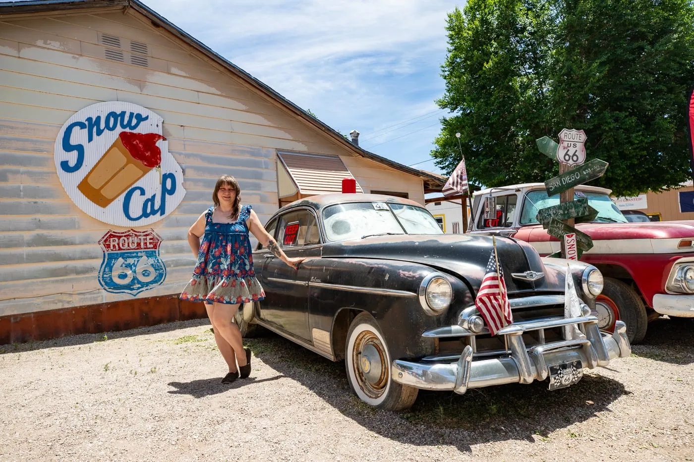 Vintage cars at Delgadillo’s Snow Cap in Seligman, Arizona - Route 66 restaurant and Drive-In Diner